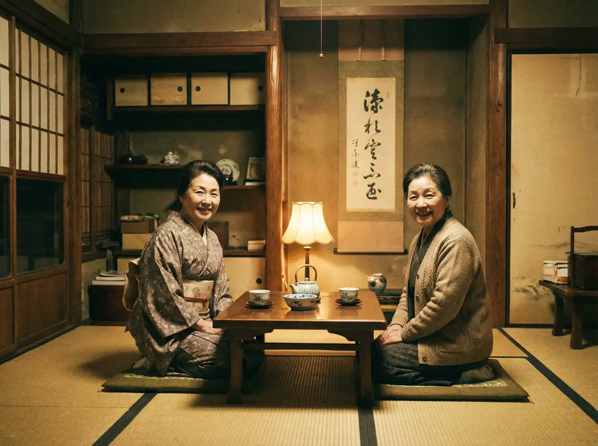两位优雅的 辛尤里 在日式茶室中品茶交谈